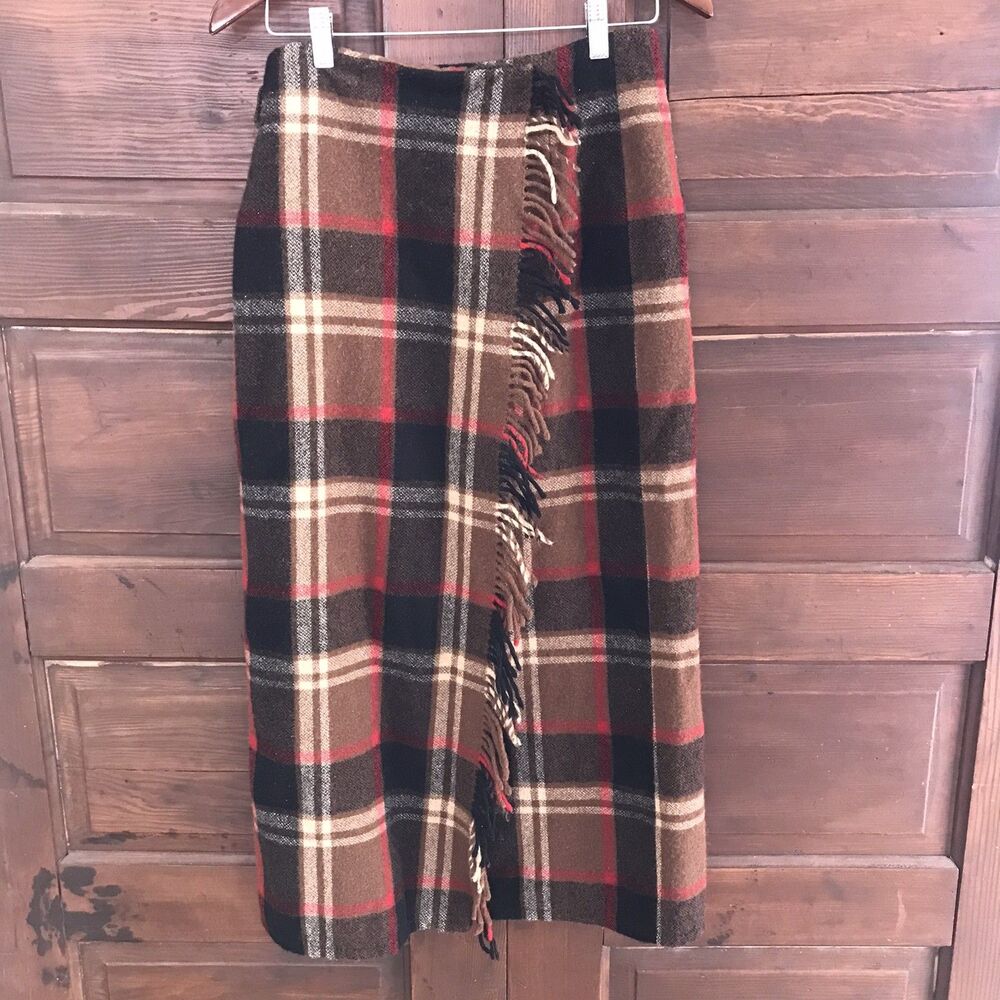 Women's Vtg Wool Tartan Blanket Wrap Midi Skirt Eddie Bauer Sz 14 Fringe Preppy